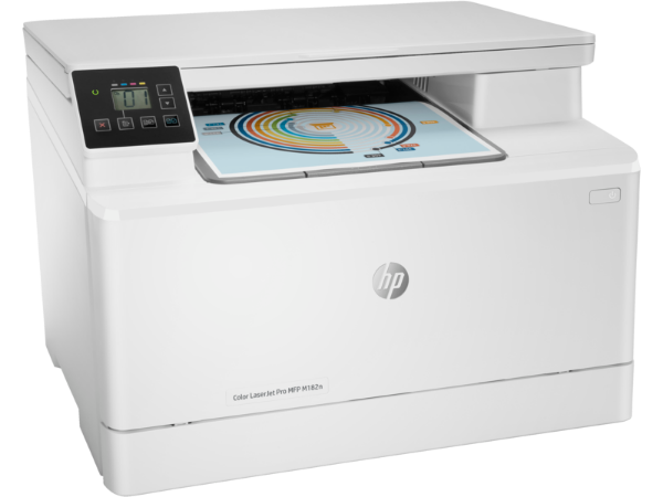 HP m182n color laser printer on a white background
