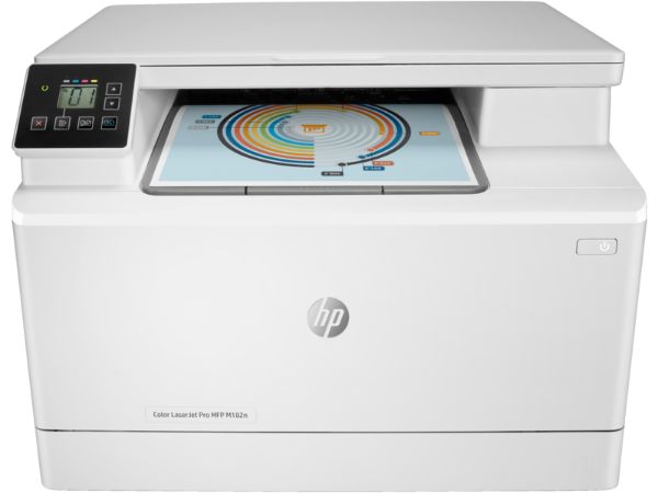HP m182n color laser printer with a printed document on a white background
