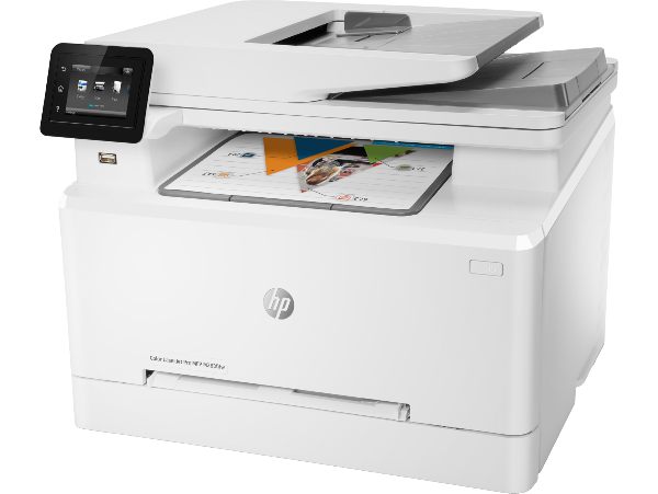 HP M283fdw top feeder open with papers inserted
