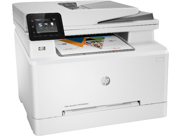 HP M283fdw close-up of control panel and touch interface