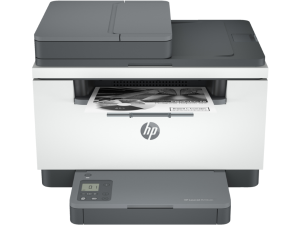 HP LaserJet Pro 236sdn front view with tray loaded