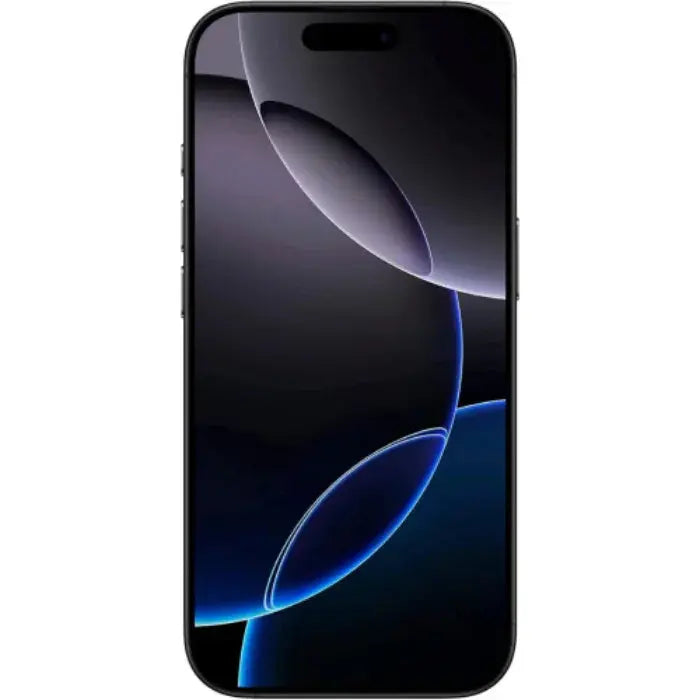 Front view of black iPhone 16 Pro Max smartphone with bubble-pattern dark wallpaper