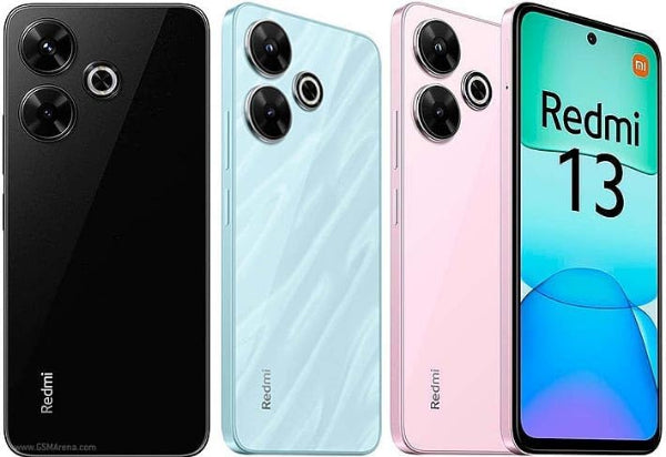 Redmi smartphone in black, blue, and pink with 'Redmi 13' branding on a white background.