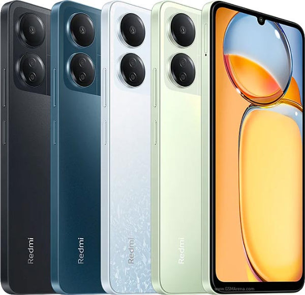 Four Redmi 13c smartphones in different colors with a close-up of one showing a drink image.