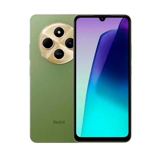 Green Redmi smartphone showing front and back on a white background