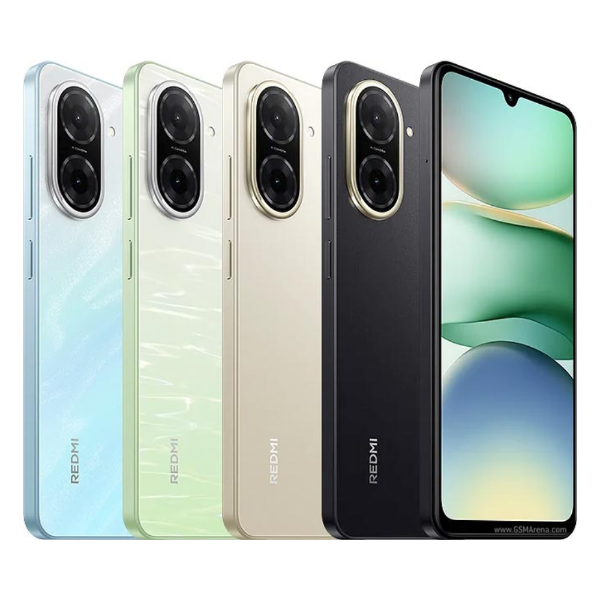 Redmi a5 smartphone in various colors with a close-up of the screen on a white background