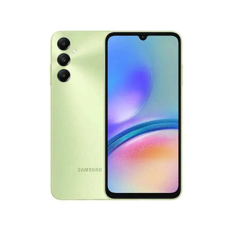 Samsung Galaxy A05s smartphone in light green with triple rear cameras and vibrant display