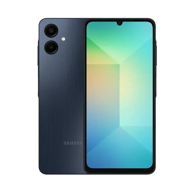 Samsung Galaxy A06 smartphone with 4GB RAM, 64GB storage, blue back, dual cameras, and waterdrop notch display