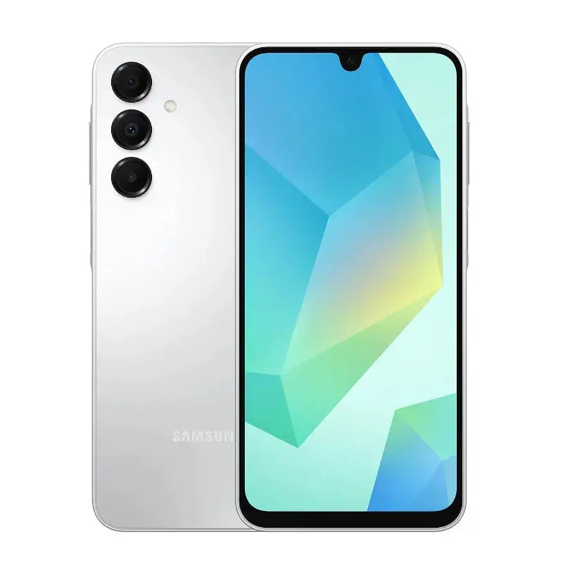 Samsung Galaxy A16 smartphone in silver with triple rear cameras and waterdrop notch display