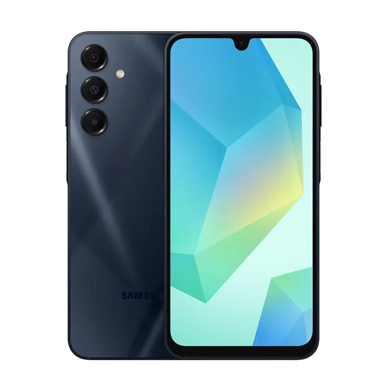 Samsung Galaxy A16 smartphone front and back view with triple rear cameras and 6GB RAM 128GB storage