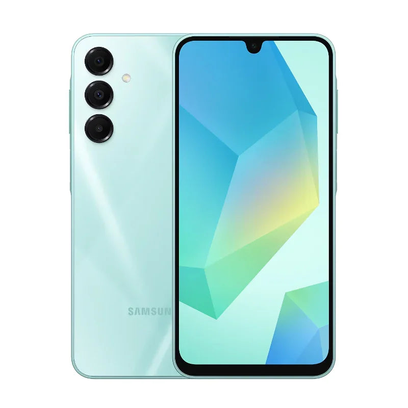 Samsung Galaxy A16 smartphone in blue with triple rear cameras and colorful geometric screen display