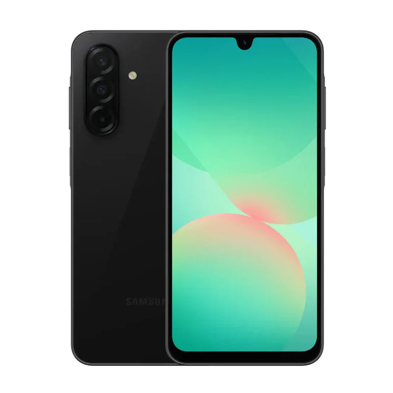 Samsung Galaxy A26 5G smartphone in black showing front display and triple rear cameras