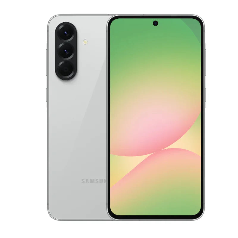 Samsung Galaxy A56 5G smartphone in white with triple rear cameras and vibrant front display