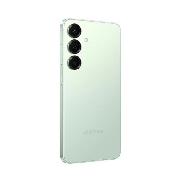 Green Samsung s25 256gb smartphone back view on a white background