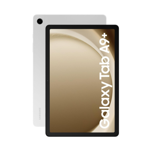 Samsung Galaxy Tab A9+ tablet with a white and black design on a white background