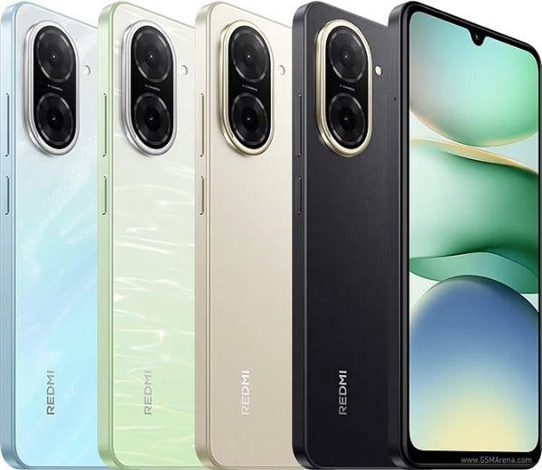 Redmi A5 smartphone in various colors with a close-up of the screen.