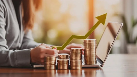 Stacks of coins rising with upward arrow in front of laptop, symbolizing income growth and financial success