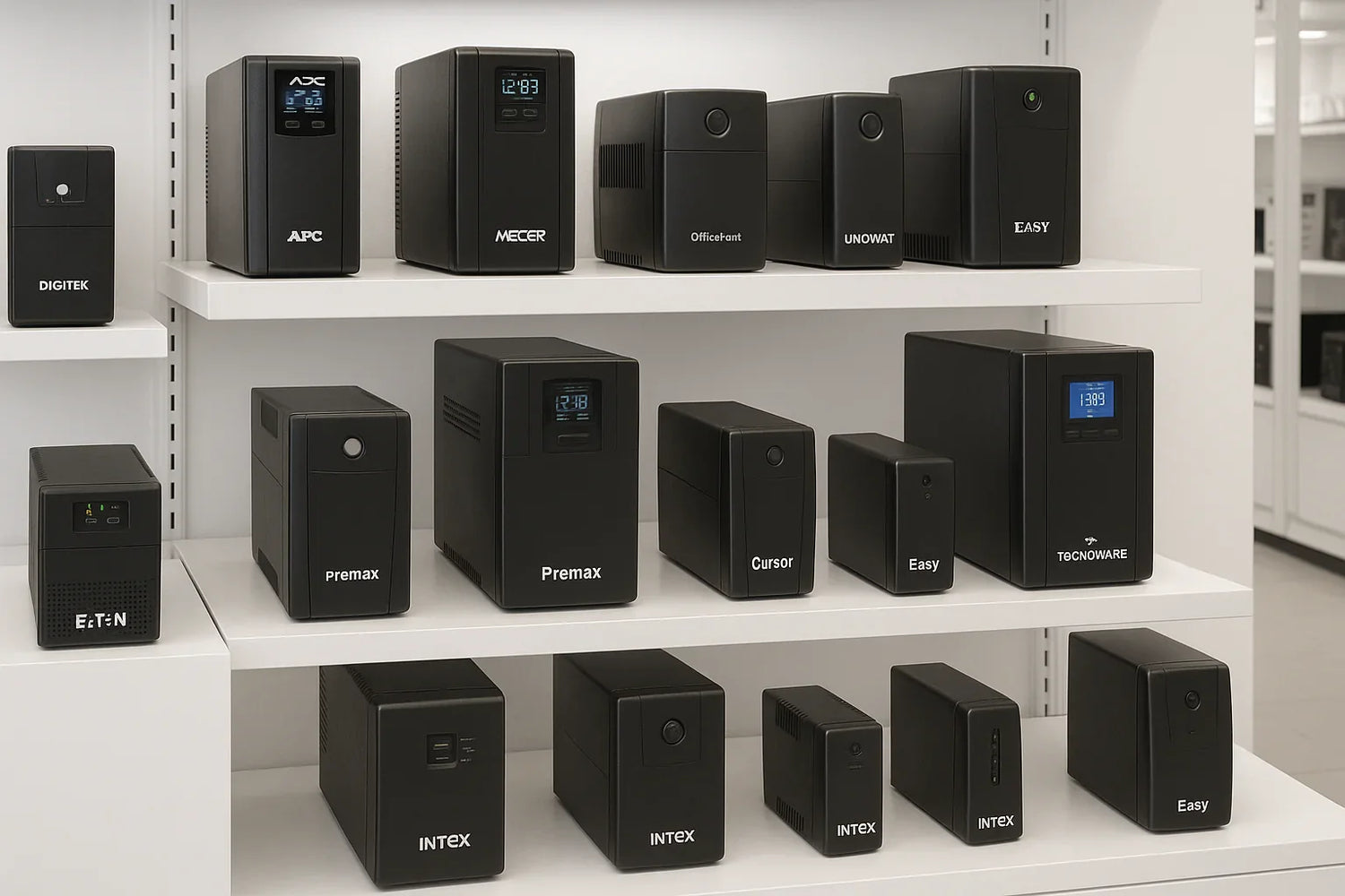 Black UPS battery backup units from brands APC, Mecer, Officefant, Unowat, Easy, Digitek, Eaton, Premax, Cursor, Tecnoware, and Intex on white shelves