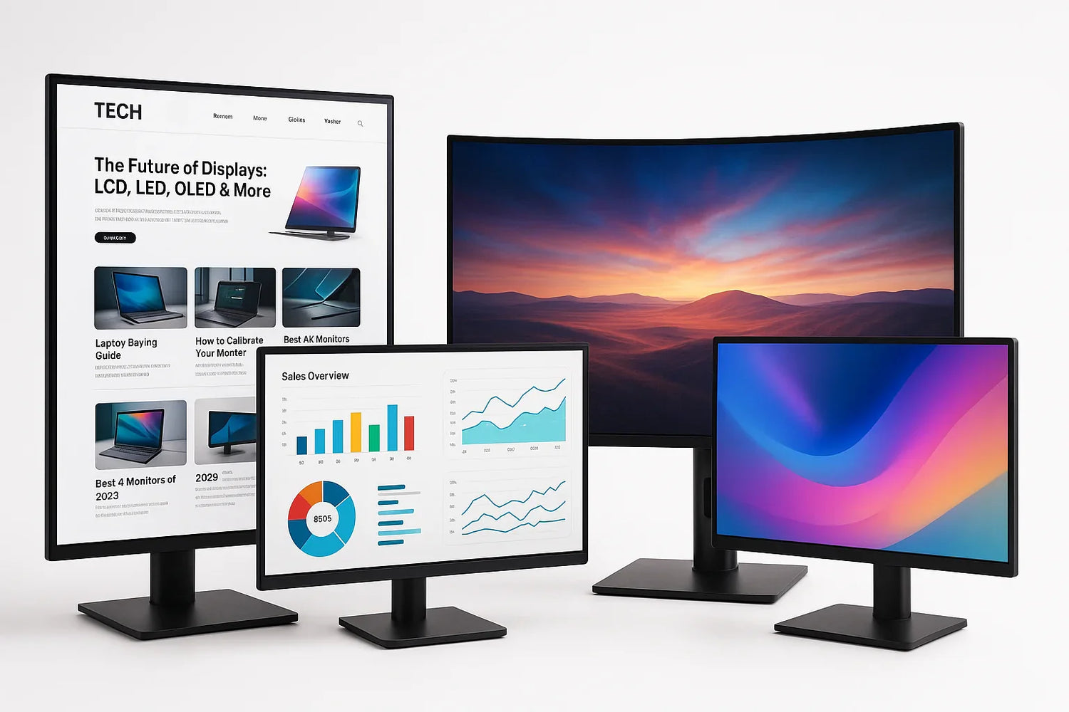 Four modern computer monitors displaying tech website, sales charts, colorful gradient, and sunset landscape