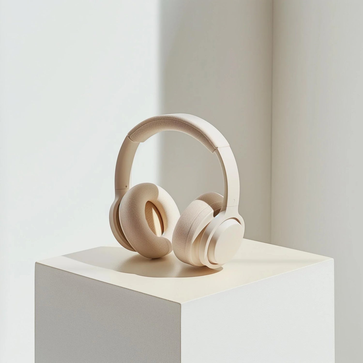 Beige wireless over-ear headphones with padded ear cushions displayed on a minimalist white pedestal in bright natural light