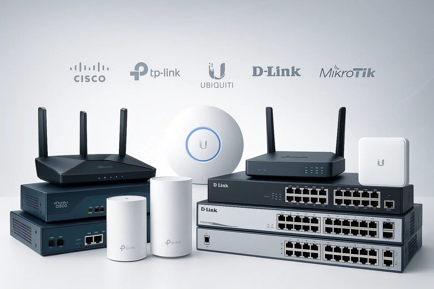 Enterprise-grade networking equipment including Cisco, TP-Link, Ubiquiti, D-Link, and MikroTik routers and switches