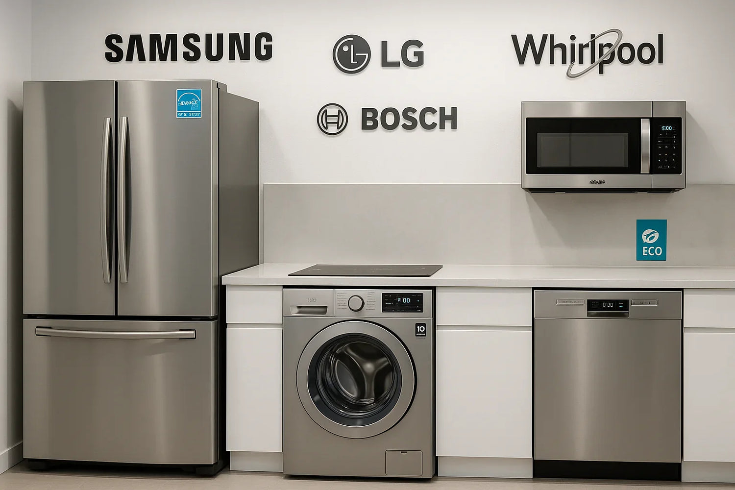 Modern kitchen appliances including Samsung refrigerator, LG washing machine, Bosch dishwasher, and Whirlpool microwave on white counters