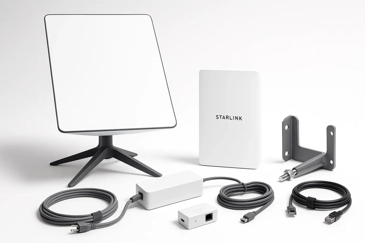 Starlink satellite internet kit with white rectangular dish, indoor router, mounting bracket, power supply, and cables on white background