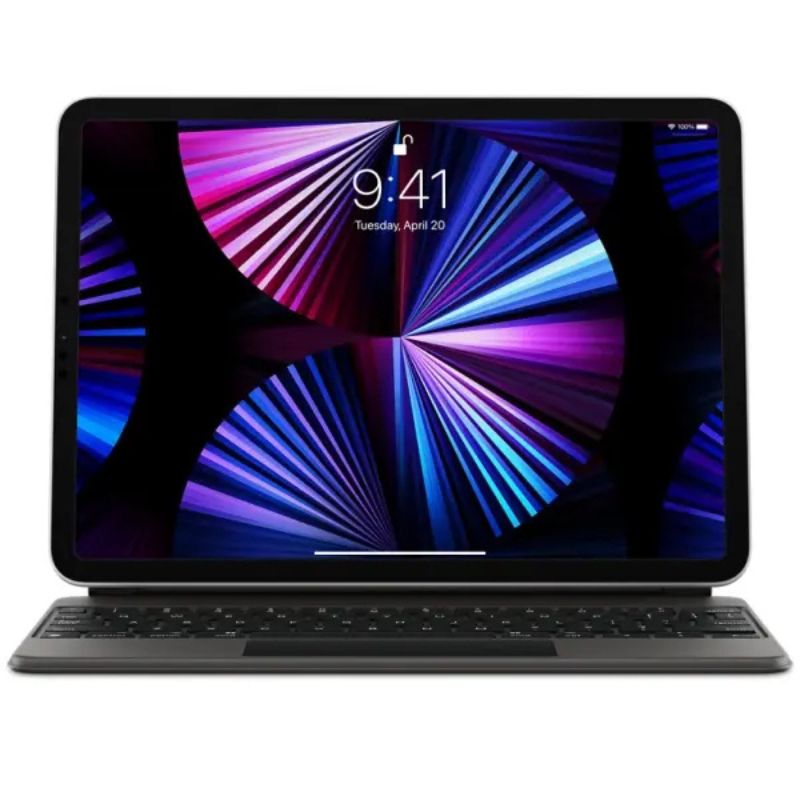 Laptop with a colorful display on a white background