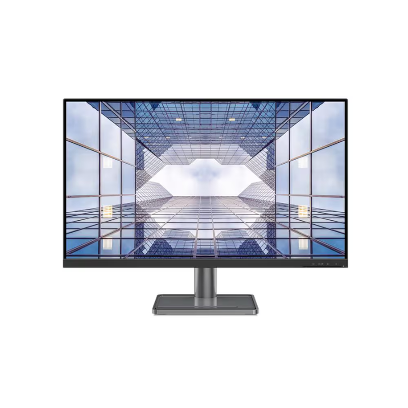 Monitor displaying a futuristic glass building interior on a white background
