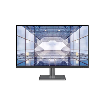 Monitor displaying a futuristic glass building interior on a white background