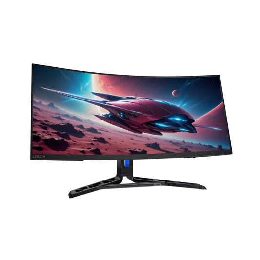 Curved gaming monitor with a space-themed display on a white background
