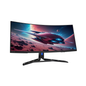 Curved gaming monitor with a space-themed display on a white background