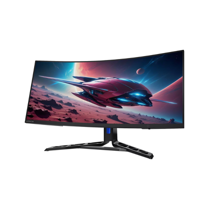Curved monitor with space-themed display on a white background