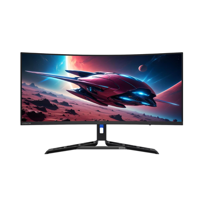 Curved monitor displaying a space-themed wallpaper with an spaceship on a white background