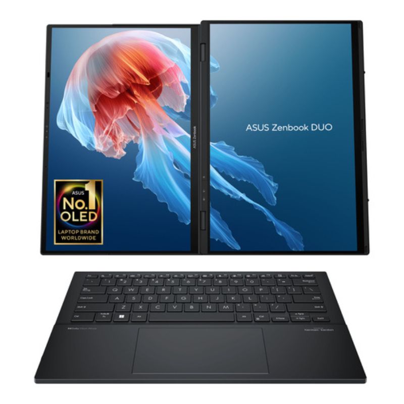 ASUS Zenbook DUO laptop with dual screens displaying a jellyfish and the ASUS logo.
