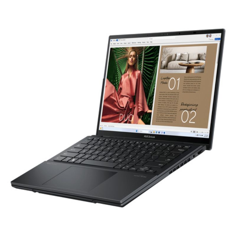 Laptop displaying a magazine layout on a white background