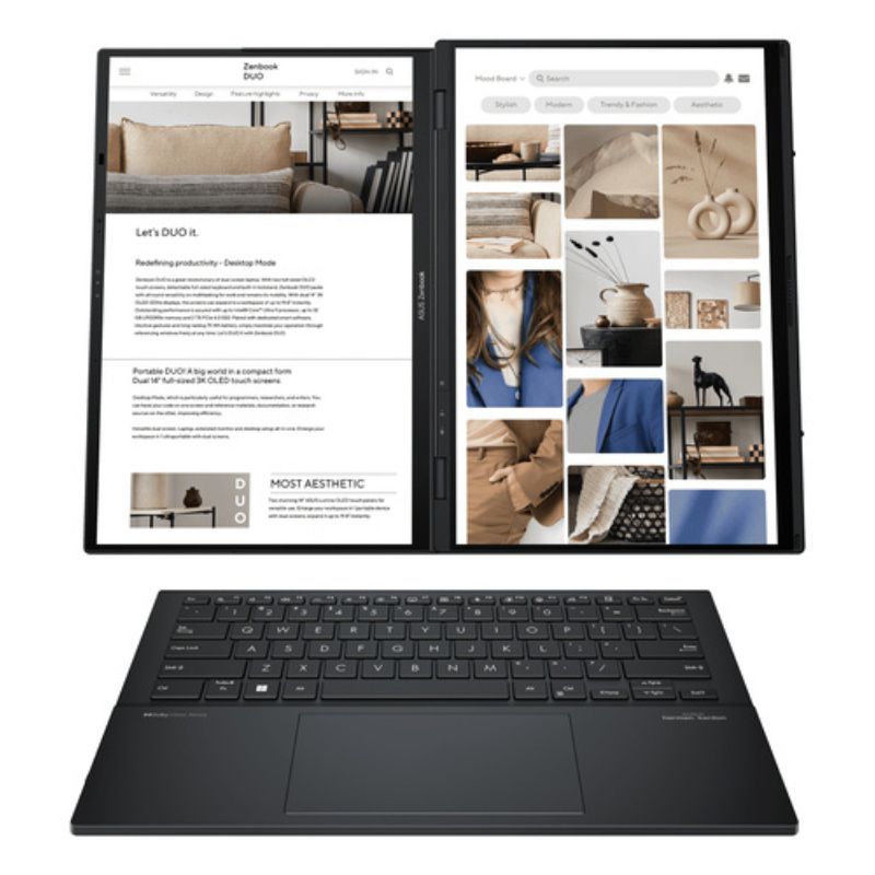 Two screens of a laptop displaying a webpage with images and text.