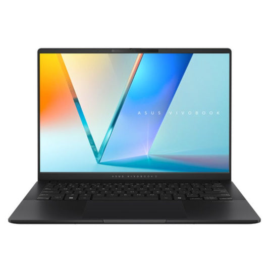 Black laptop with colorful display on a white background