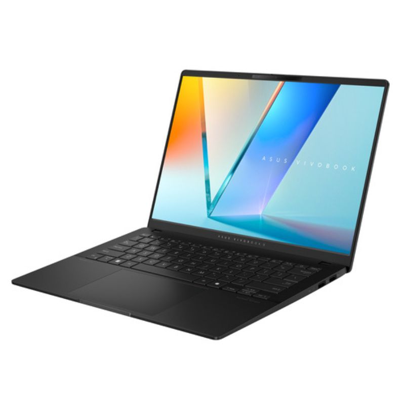 Black laptop with colorful display on a white background