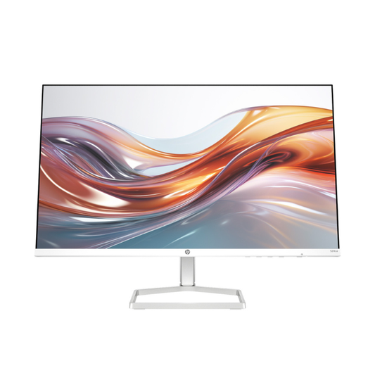 Computer monitor with a colorful abstract design on the screen against a white background