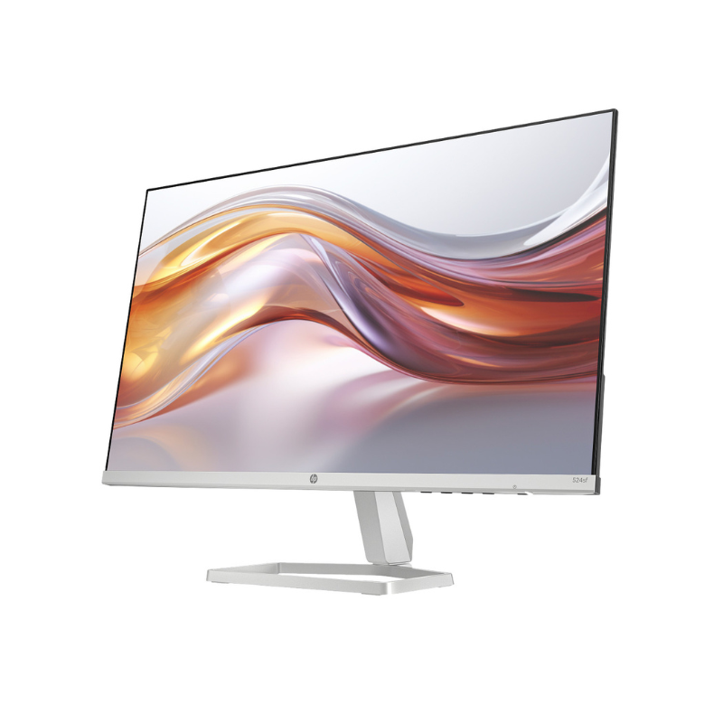 Computer monitor with a colorful display on a white background