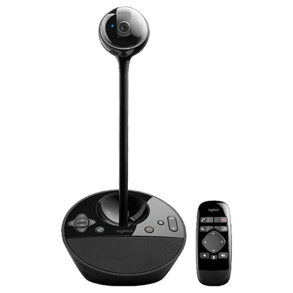 Black video conferencing camera with remote control on a white background