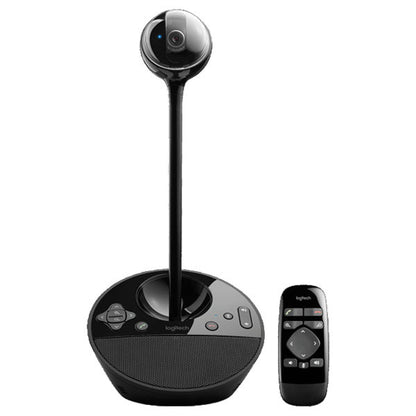 Black video conferencing camera with remote control on a white background