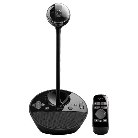 Black video conferencing camera with remote control on a white background