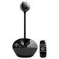 Black video conferencing camera with remote control on a white background