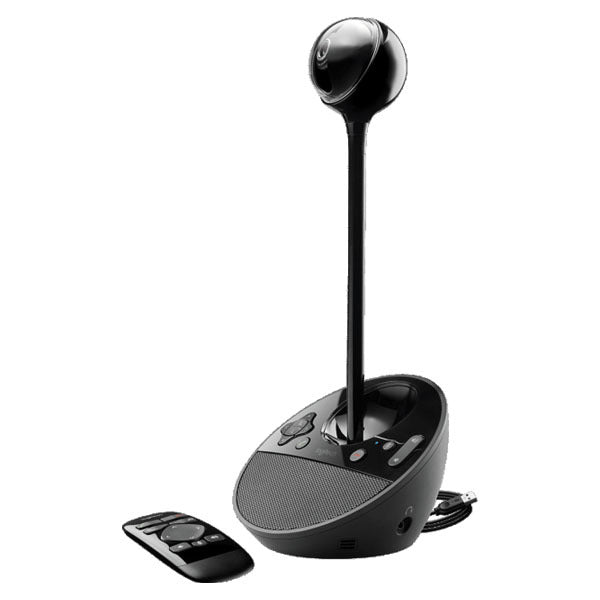 Black video conferencing camera with remote control on a white background