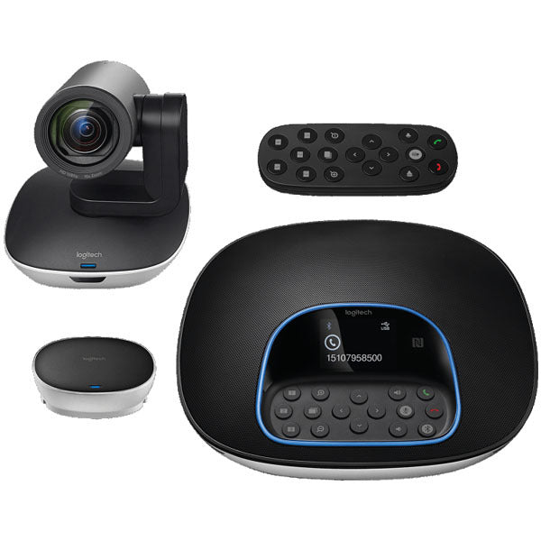 Logitech video conferencing system with camera, control panel, and remote on a white background