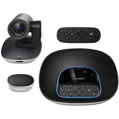 Logitech video conferencing system with camera, control panel, and remote on a white background