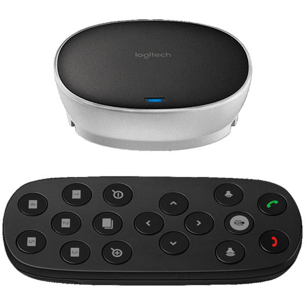 Logitech device with a remote control on a white background