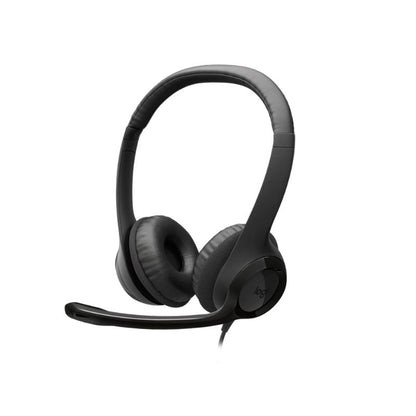 Black headset on a white background